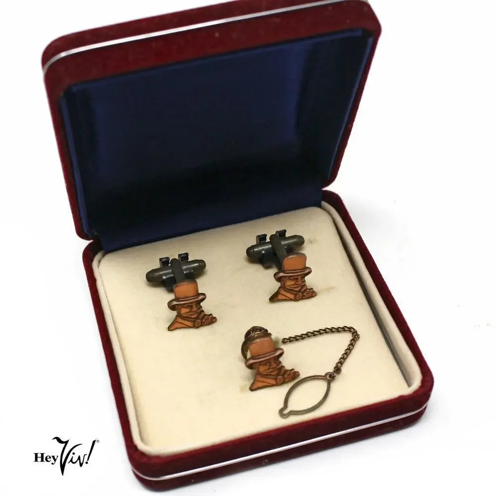 Vintage Per Hauge AS Cuff Links Tie Tac Set Velvet Box Man in Top Hat - Hey Viv